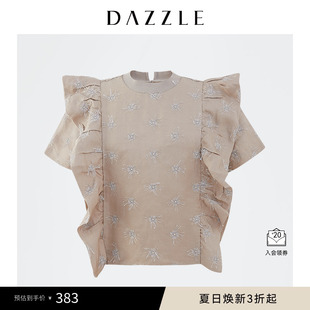 DAZZLE地素奧萊春夏款 上衣女 銀蔥繡花小眾荷葉邊襯衫