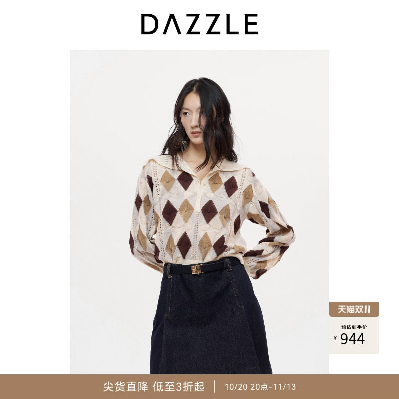 DAZZLE 地素奥莱毛衣25秋棉混纺菱形格翻领针织衫