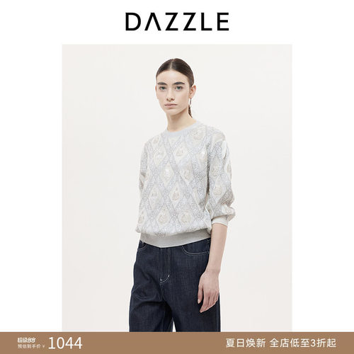DAZZLE 地素奥莱毛衣25秋白色短袖绣花针织衫