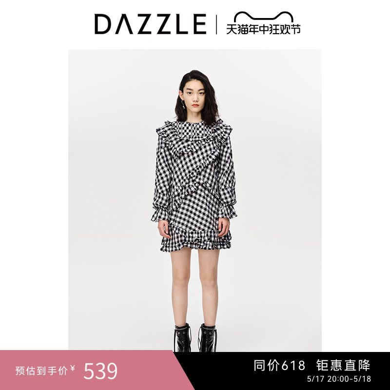 DAZZLE地素奥莱 甜美格纹荷叶边宽松休闲连衣裙女2D3O6113B