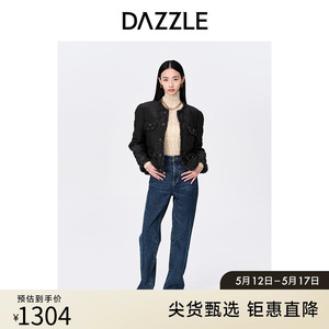 DAZZLE地素奥莱秋黑色小香风气质短款绗缝棉服外套上衣女