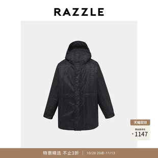 RAZZLE 地素奥莱男装中长羽绒服冬季黑色印花长款羽绒外套