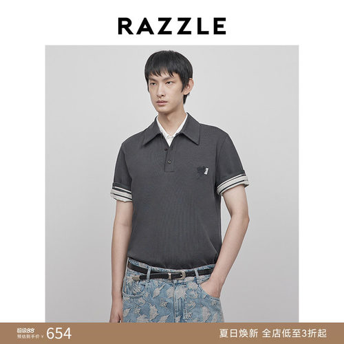 RAZZLE 地素奥莱男装深灰色2025春季绣花短袖POLO