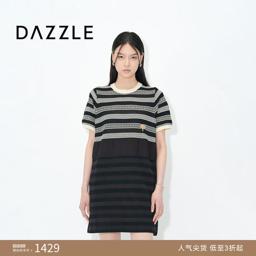 DAZZLE 地素奥莱毛衫连衣裙2025夏复古拼接毛衫短袖连衣裙