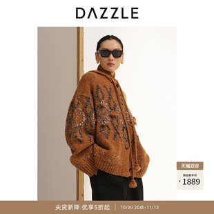 DAZZLE 地素奥莱毛衣2025年冬季绵羊毛混纺橙色针织连帽嵌花开衫
