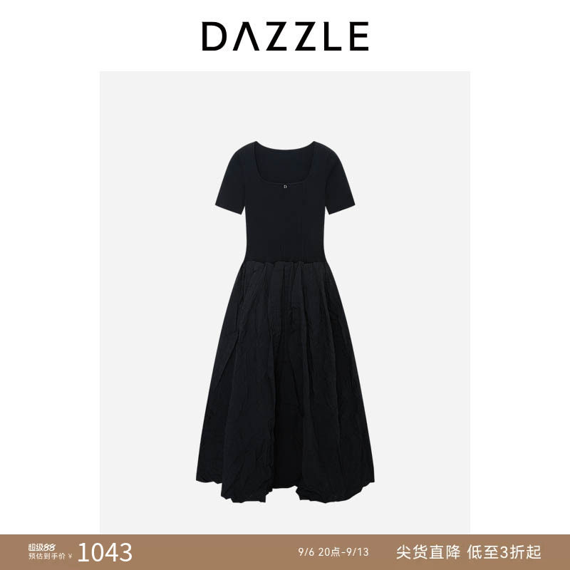DAZZLE地素奥莱 连衣裙夏季黑色拼接长裙复古时髦小黑裙图片