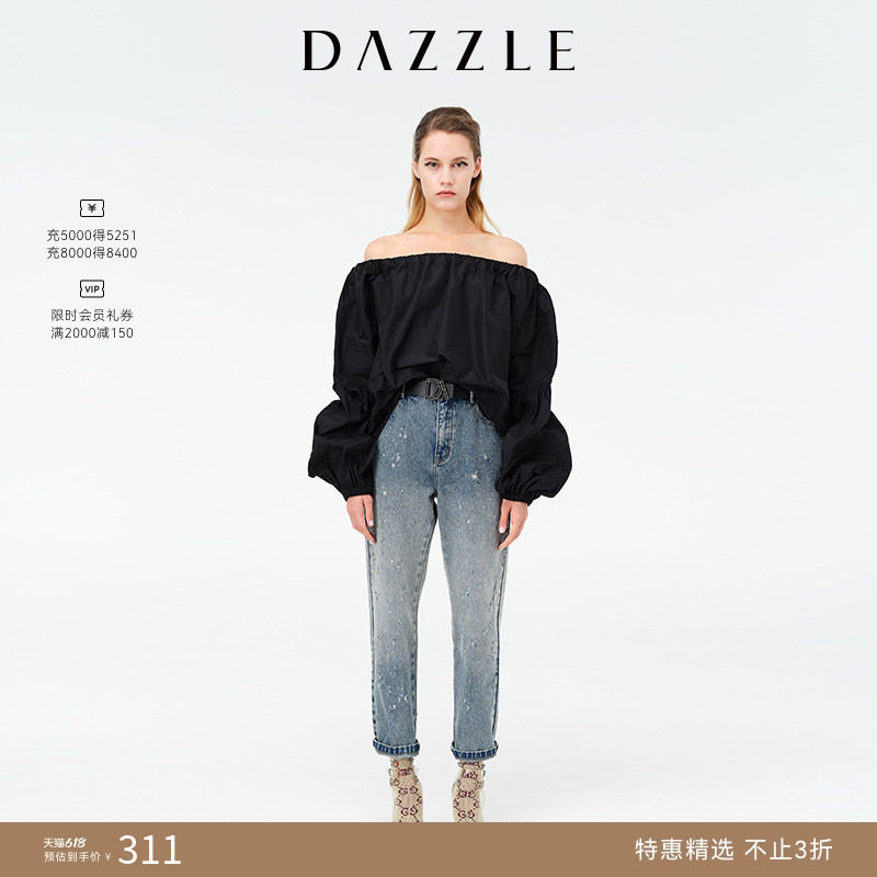 DAZZLE地素奥莱春夏黑色盐系泡泡袖衬衫长袖上衣女法式吊带衬衣