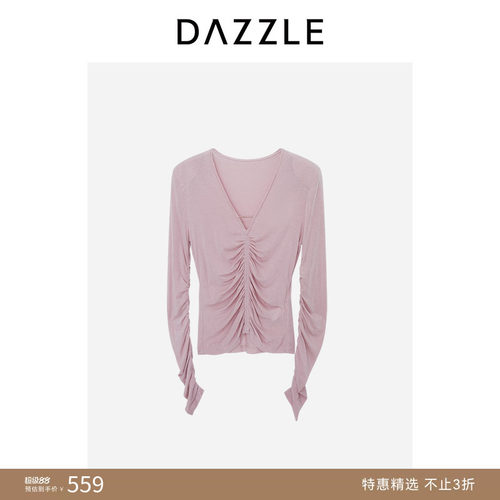 【人气尖货】DAZZLE地素奥莱小上衣粉红色进口羊绒抽皱针织上衣
