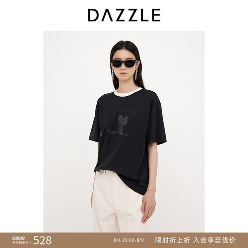 DAZZLE地素奥莱 25春夏T恤喵星人刺绣短袖萌宠猫咪上衣女