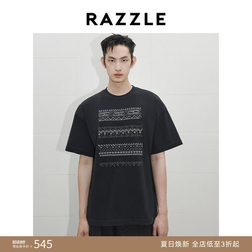 RAZZLE 地素奥莱男装黑色秋季刺绣T恤