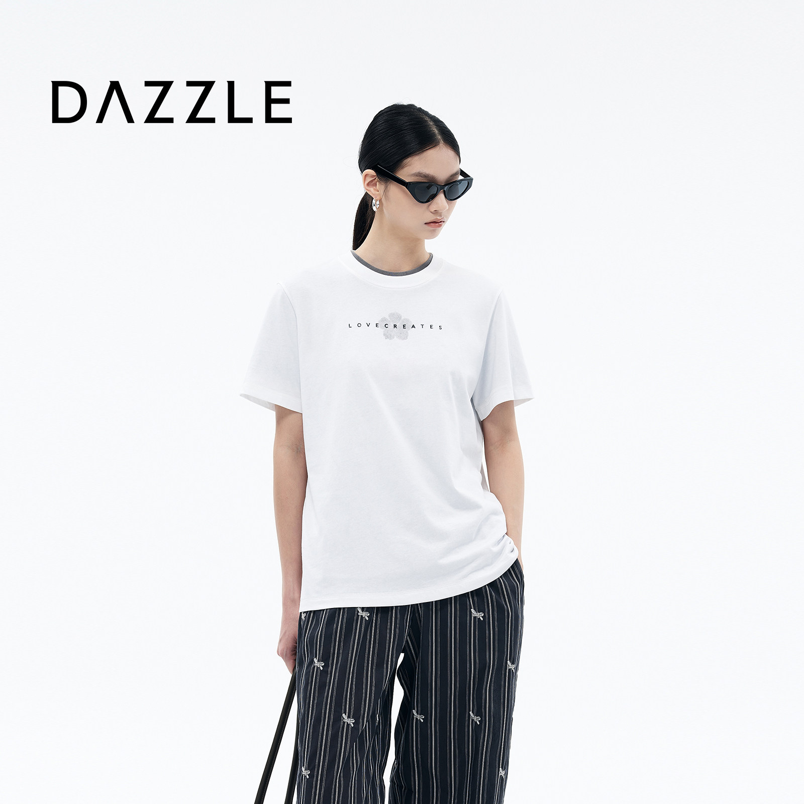 DAZZLE地素2026夏经典版型百搭简约烫钻短袖T恤图片