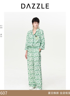 【奥莱专供】DAZZLE地素奥莱慵懒风衬衫春秋装绿色复古印花上衣女
