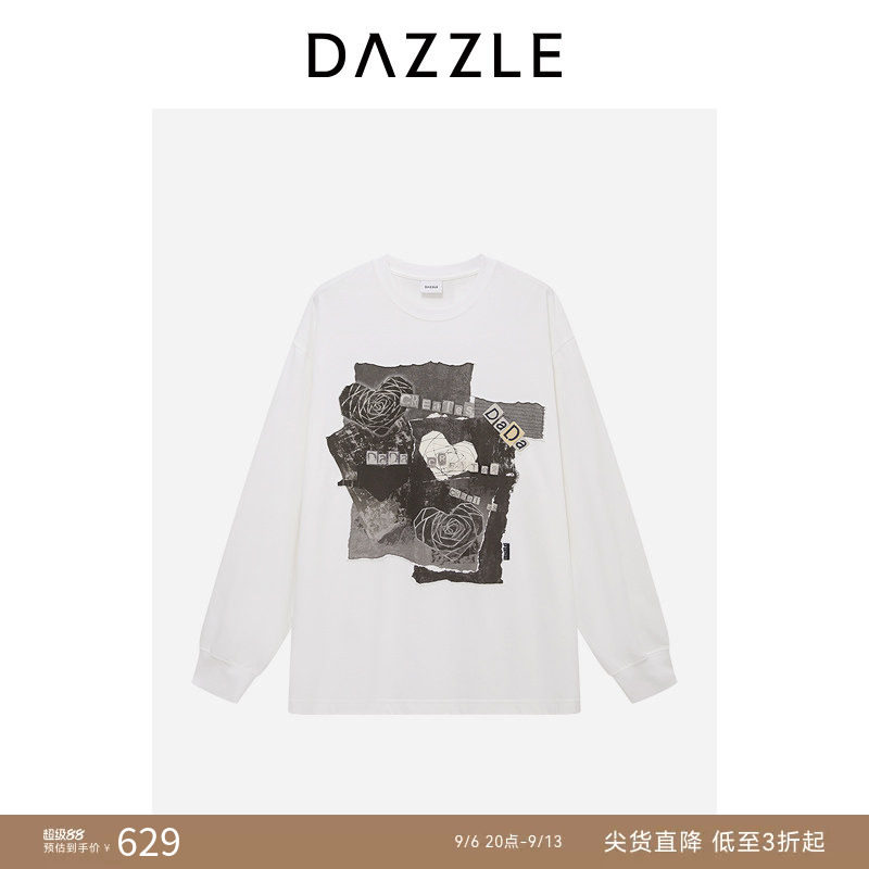 DAZZLE 地素奥莱T恤冬季漂白色纯棉全棉重工长袖大T恤图片