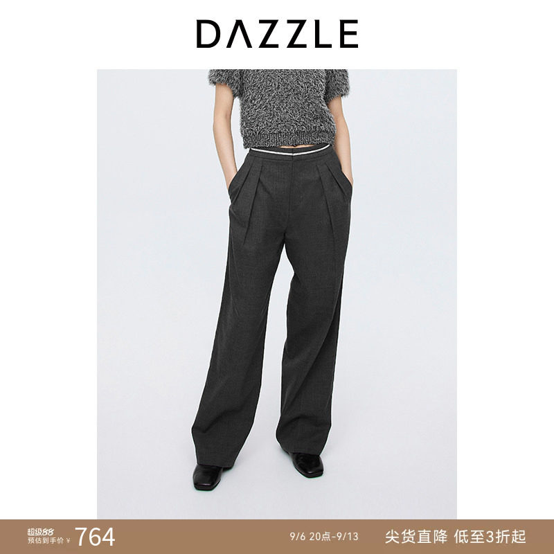 DAZZLE地素奥莱 休闲裤秋季女装简约复古褶饰阔腿长裤图片