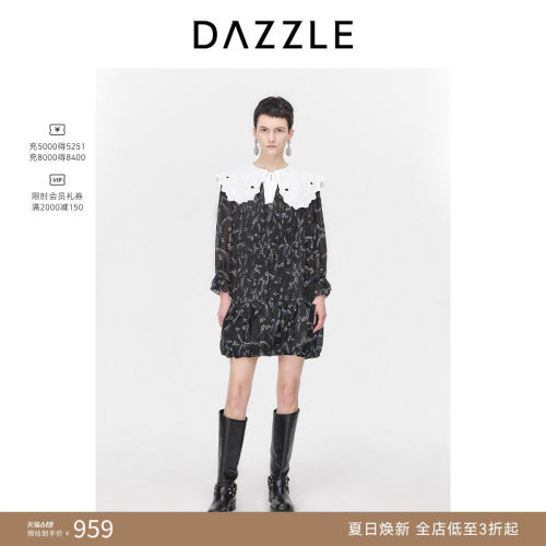 【奥莱专供】DAZZLE地素奥莱  连衣裙春秋女装镂空珠片花布短裙