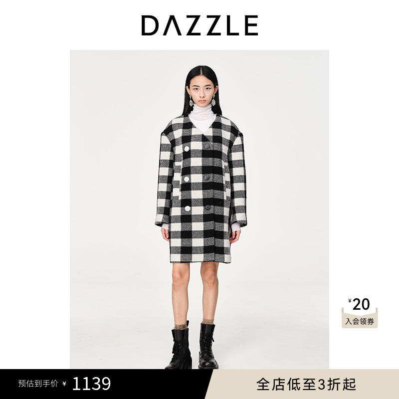 DAZZLE地素奥莱春装复古黑白格子中长款毛呢大衣外套上衣