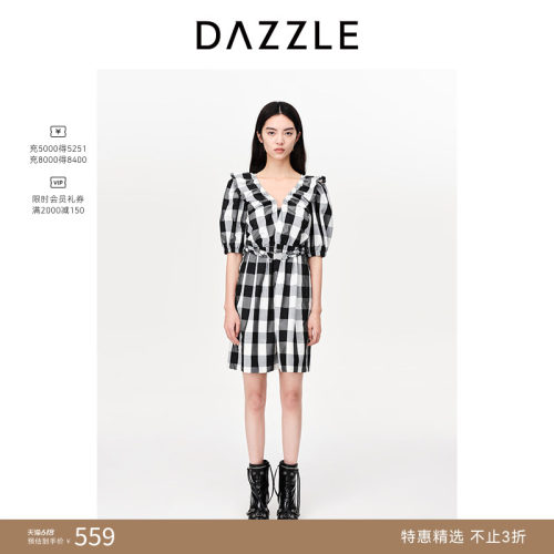 DAZZLE地素格纹短袖连衣裙