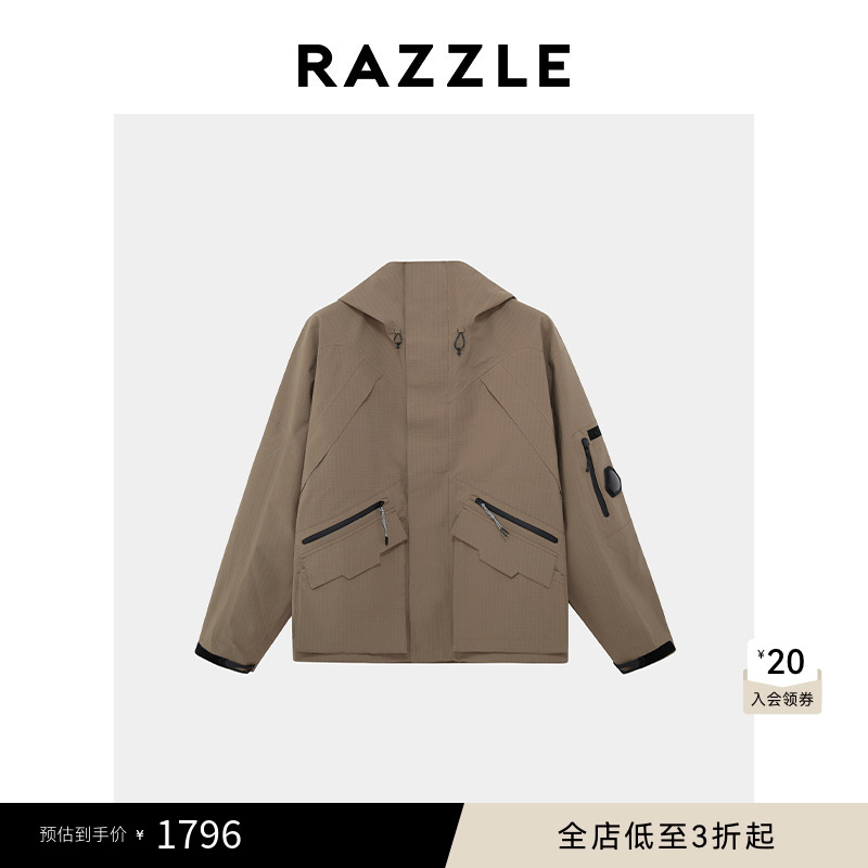 RAZZLE 地素奥莱男装夹克短外套冬季深卡其色方格户外服