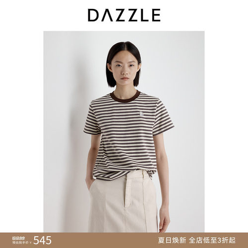 DAZZLE 地素奥莱短袖T恤2025年夏季深卡其色条纹短袖