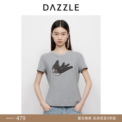 DAZZLE 地素奥莱短袖T恤2025年春季深灰色印花贴布燕子短袖T