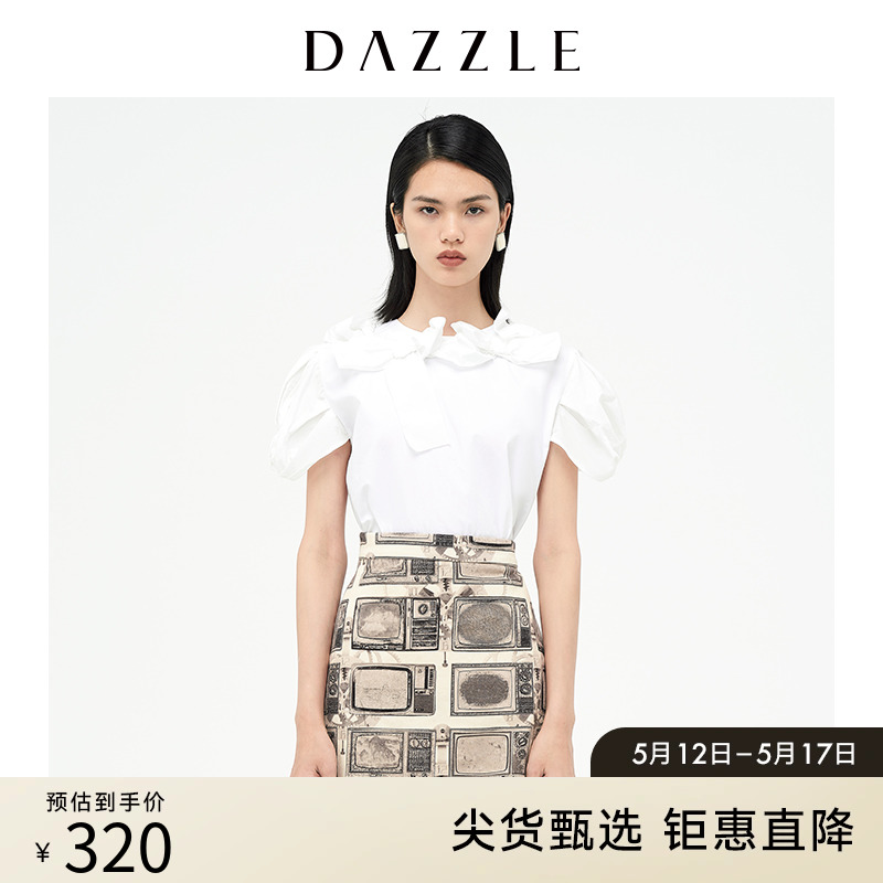 DAZZLE地素奥莱泡泡袖蝴蝶结短袖白衬衫上衣女2D3D3211C