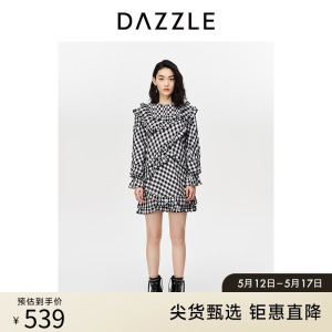 DAZZLE地素奥莱 甜美格纹荷叶边宽松休闲连衣裙女2D3O6113B