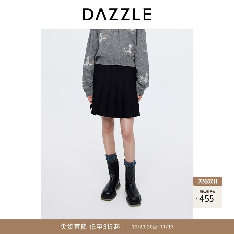 DAZZLE地素奥莱 半身裙秋季女装A字版简约针织百褶毛衫短裙