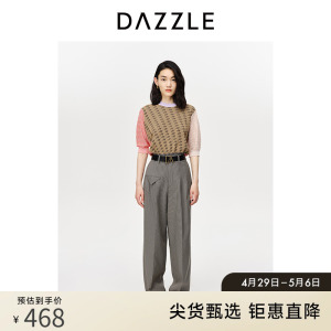 DAZZLE地素奥莱 夏季复古设计感老花相拼撞色针织衫短袖t恤女