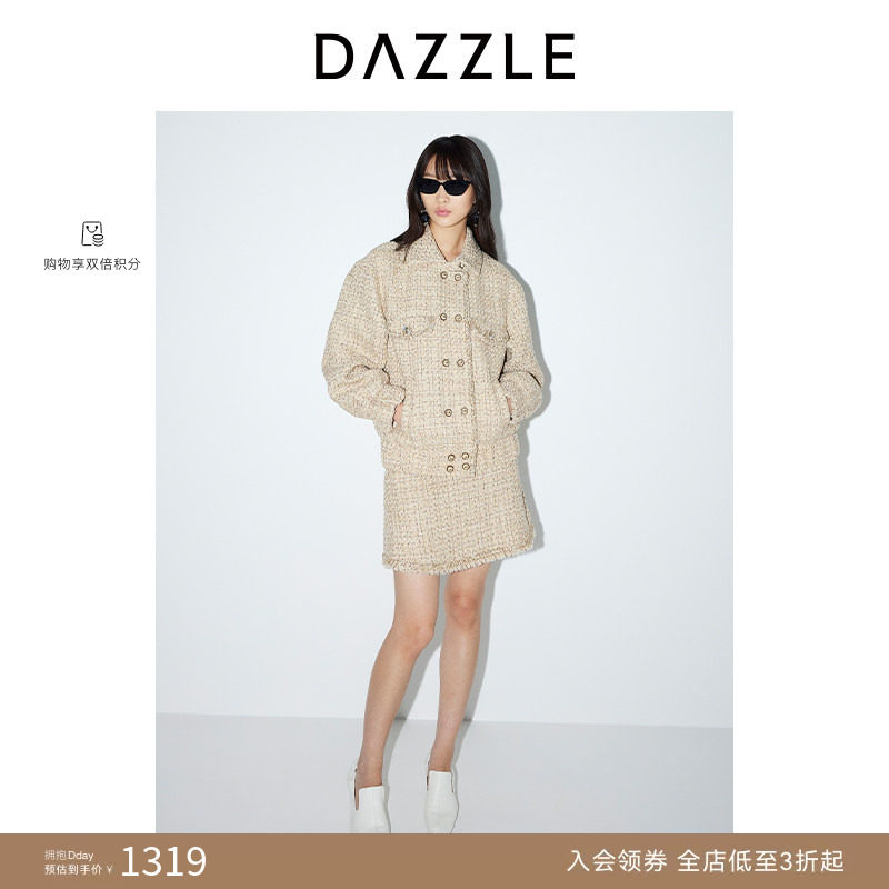 DAZZLE地素奥莱 毛呢外套春秋款女装粗花呢大衣