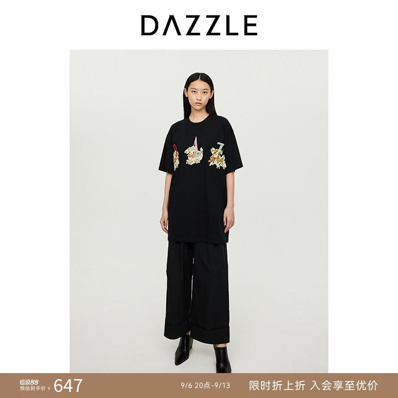 DAZZLE地素奥莱 T恤秋季女装黑色肌理感刺绣圆领五分袖上图片