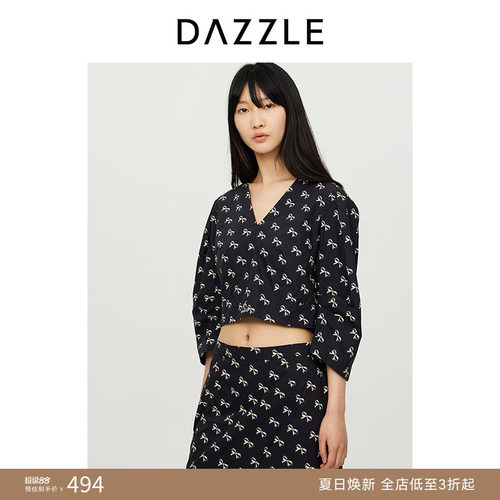DAZZLE地素奥莱雪纺衫秋季满底印花蝴蝶结V领短款上衣
