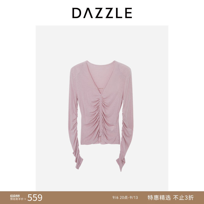 【人气尖货】DAZZLE地素奥莱小上衣粉红色进口羊绒抽皱针织上衣图片