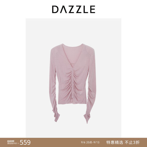 【人气尖货】DAZZLE地素奥莱小上衣粉红色进口羊绒抽皱针织上衣
