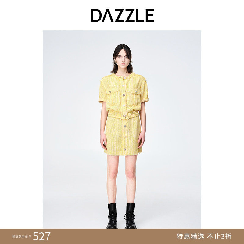 DAZZLE地素奥莱小香风优雅羊毛混纺粗花呢短袖外套上衣女
