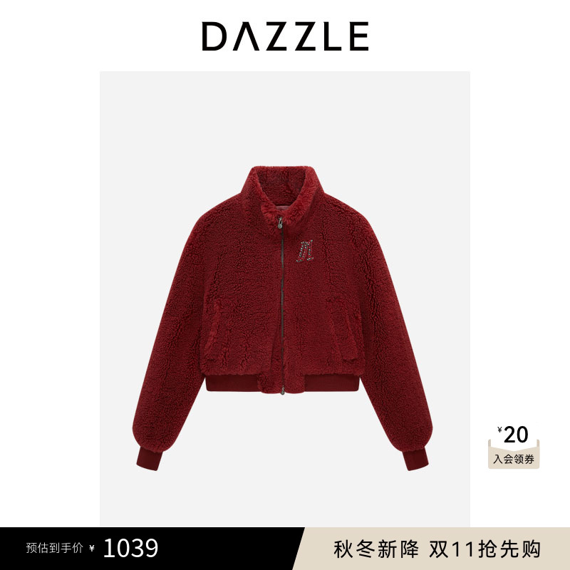 DAZZLE地素奥莱大衣深红色羊羔毛短大衣