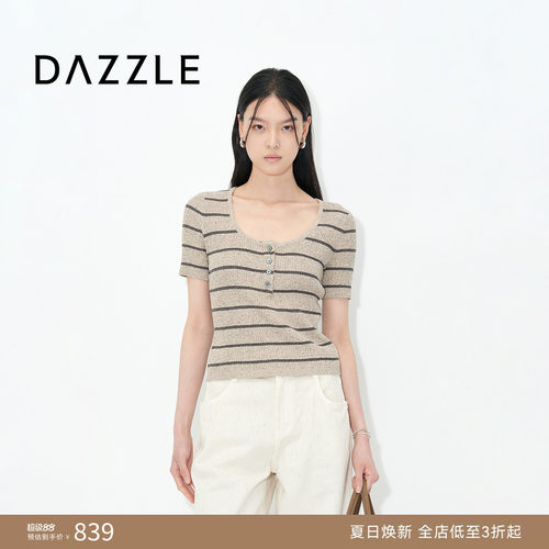 DAZZLE地素奥莱 短袖毛衫25夏美式学院大U领轻薄条纹针织上衣女