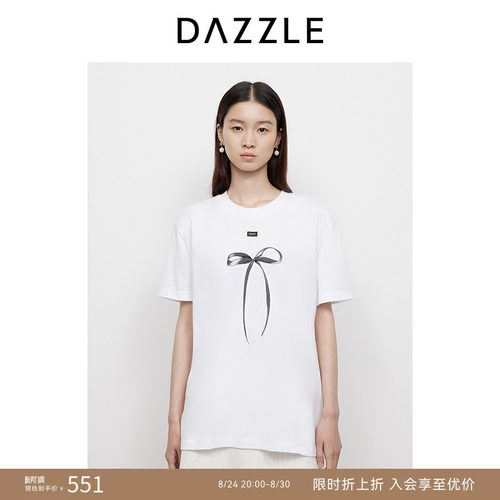 DAZZLE 地素奥莱短袖T恤2025年春季漂白色蝴蝶结印花T恤