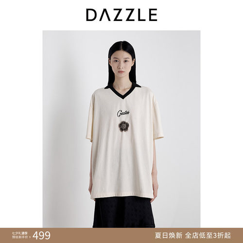 DAZZLE地素奥莱 25夏短袖拼接V领T恤休闲宽松球衣