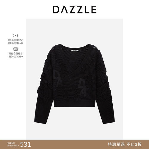 【奥莱专供】DAZZLE地素奥莱 V领毛衣女黑色短款针织套衫