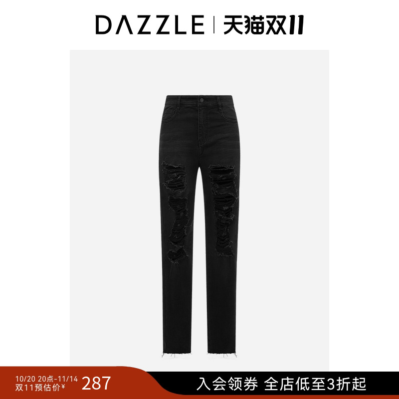 DAZZLE 地素奥莱牛仔秋季黑色牛仔棉混纺破洞紧身裤