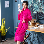 女士睡衣睡袍法兰绒玫红色大码 性感晨袍纯色家居服珊瑚绒浴衣浴袍