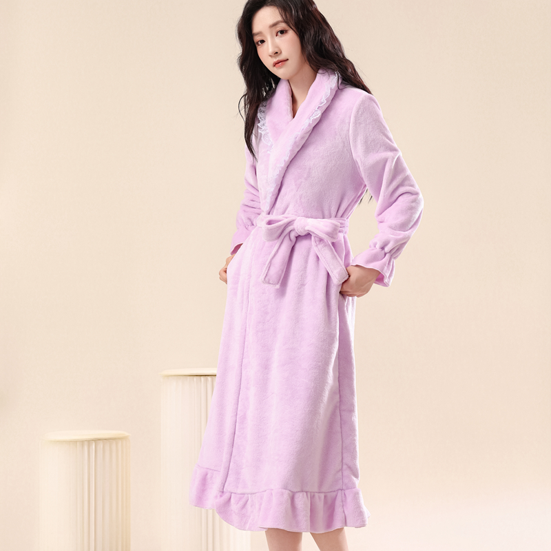 加厚加绒睡袍女秋冬季中长款睡衣法兰绒花边公主风甜美珊瑚绒浴袍