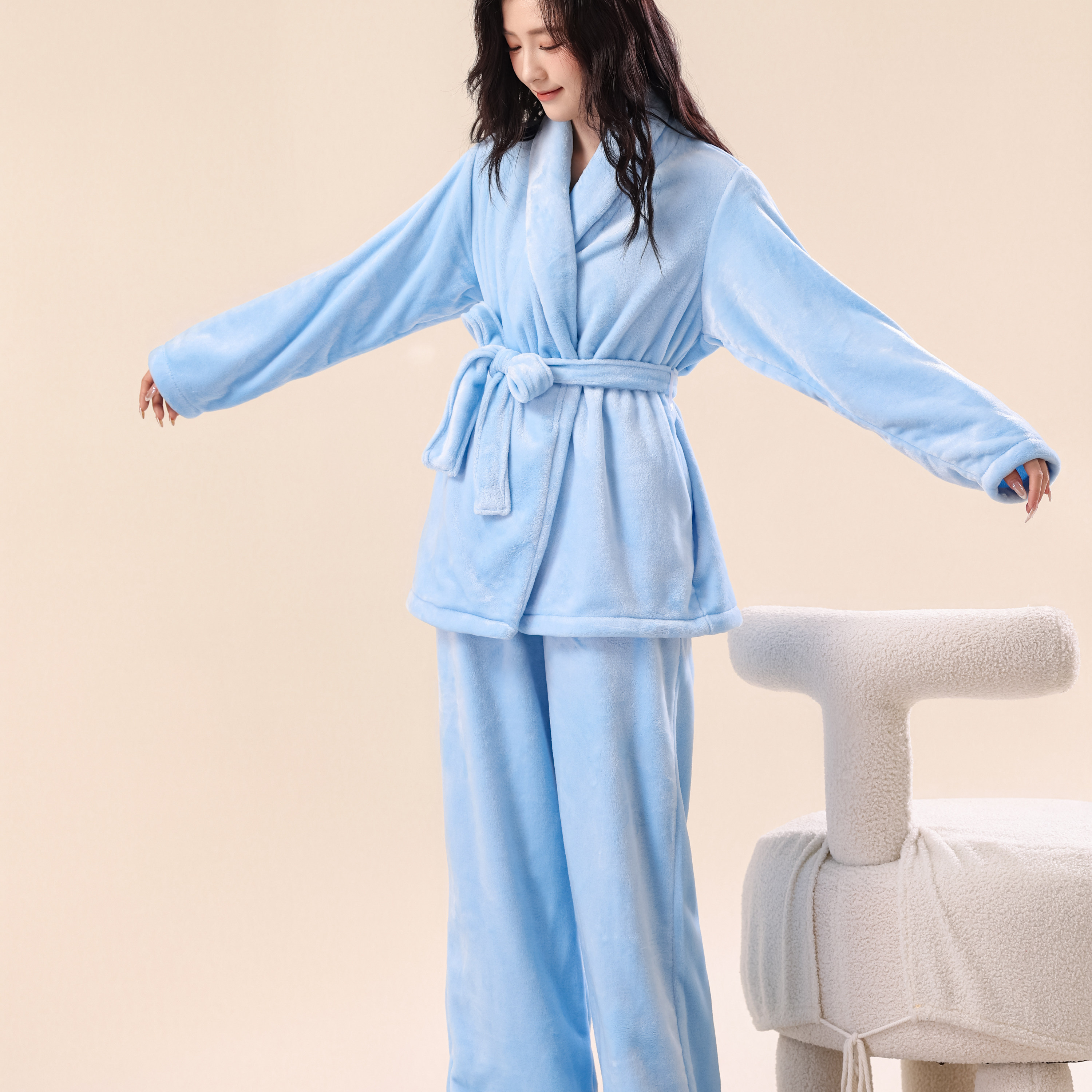 冬季睡袍女法兰绒加厚保暖秋款睡衣中长款浴袍加绒珊瑚绒可穿浴巾