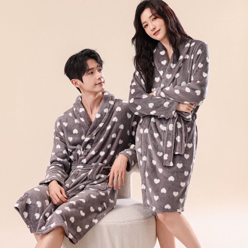 睡袍女法兰绒浴袍男秋冬情侣保暖中长款加厚珊瑚绒睡衣大码家居服