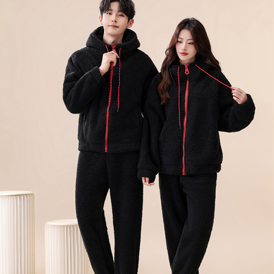 可外穿冬款睡衣抗寒保暖双层复合绒女连帽摇粒绒外套男情侣家居服