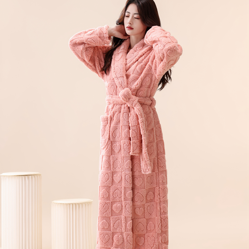 女士睡袍秋冬款珊瑚绒睡衣中长款加厚保暖法兰绒浴袍大码宽松晨袍