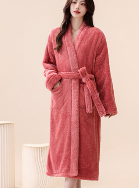 女士睡袍珊瑚绒加厚加绒保暖性感浴袍可穿浴巾中长款简约睡衣晨袍