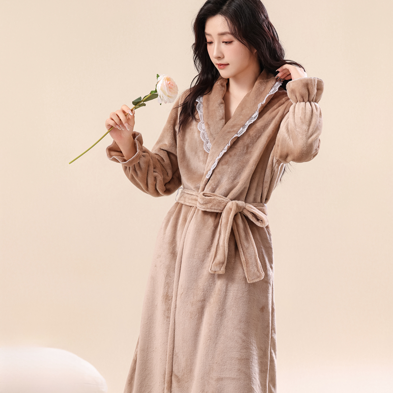 睡袍女秋冬季法兰绒长款浴袍珊瑚绒睡衣性感大码加厚加绒保暖晨袍