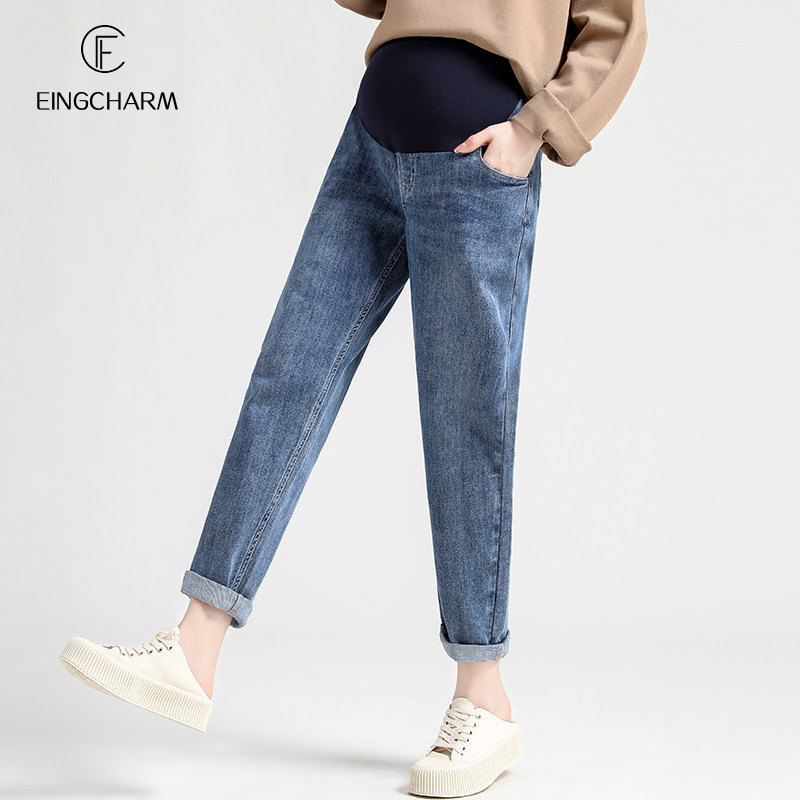 孕妇裤秋季外穿时尚牛仔裤宽松九分裤春秋大码直筒哈伦老爹裤秋冬