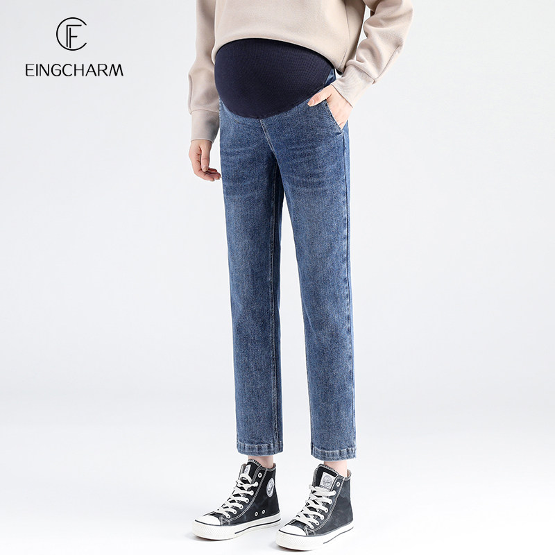 孕妇牛仔裤秋季潮妈外穿大码宽松时尚加绒小个子九分直筒裤女秋冬